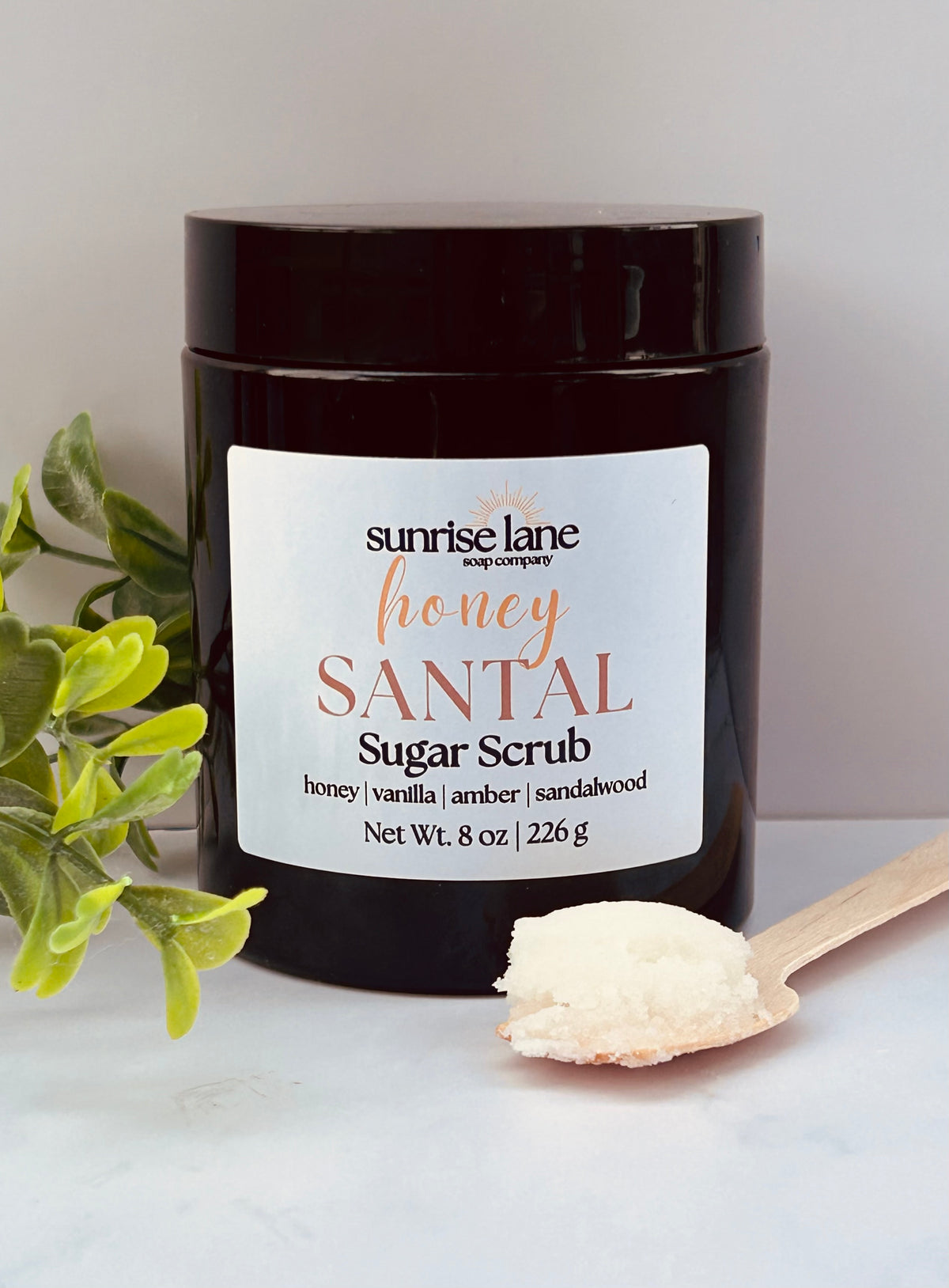 Image of a single black jar containing Honey Santal scented sugar scrub. Photographed against a white and gray background with decorative greenery and a sample wooden spoon.