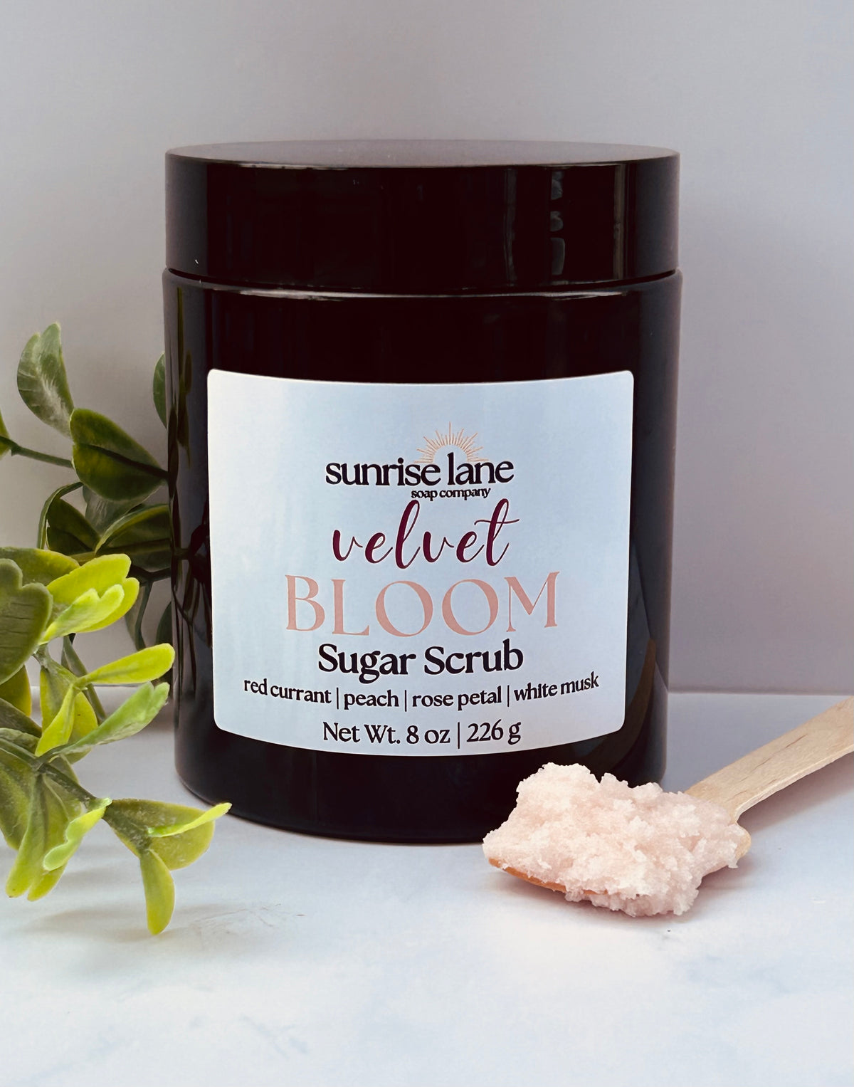 Image of a single black jar containing Velvet Bloom scented sugar scrub. Photographed against a white and gray background with decorative greenery and a sample wooden spoon.